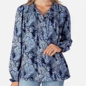 Joie Blue Parisian Paisley Long Sleeve Quarter Button Blouse Top Sz XL